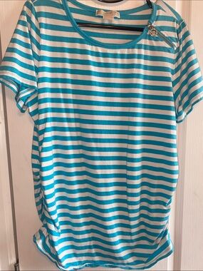 Michael Kors Turquoise and White Striped Short Sleeve Top